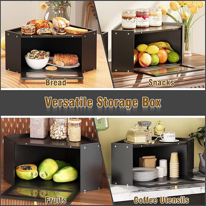 Corner Bamboo Bread Box for Kitchen Counter Large Capacity Rustic Bread Storage Container with Wavy Arcylic Transparent Door Vintage Storage for Homemade Bread (Black)