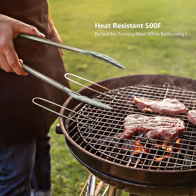 2 Pack Warm Grey Kitchen Tongs, Premium Silicone BPA Free Non-Stick Stainless Steel BBQ Cooking Grilling Locking Food Tongs, 9-Inch & 12-Inch