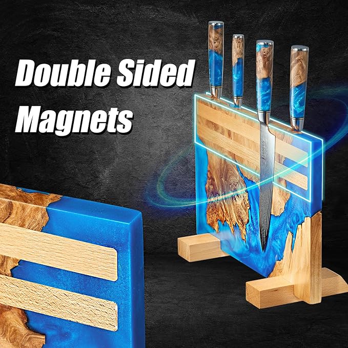 SENKEN "Tsunami" Extra Large Magnetic Knife Block - Holds Up to 16 Knives - Knife Block without Knives, Universal Knife Holder, Beautiful Blue Resin & Natural Wood Blend ("Tsunami" Blue Resin Blend)