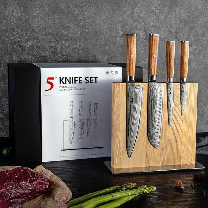 Damascus Knife Set with Block, Chef Knife Set Professional 67-Layer Damascus VG10 Steel, Olive Wood Handle with Gift Box