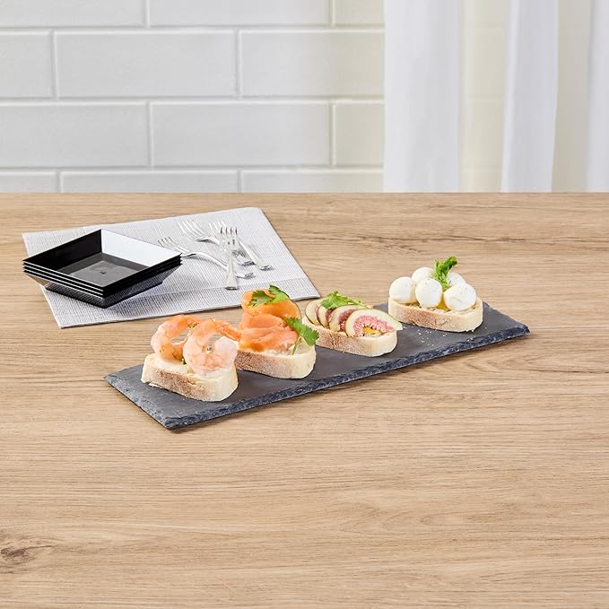 Restaurantware Slate Serving Tray 1 Pack of 11.8" x 4" Foam Feet Charcuterie Stone Plate Rustic Edges Freezable Black Serving Display Cheese Boards for Kitchen, Gourmet, Dining, Parties