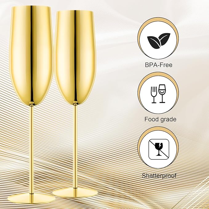 Champagne Glasses Set of 2 Stainless Steel Champagne Flutes Wedding Gifts for Bride 8.5 oz Unbreakable Gold Champagne Glasses for Party Wedding Christmas Anniversary Brithday