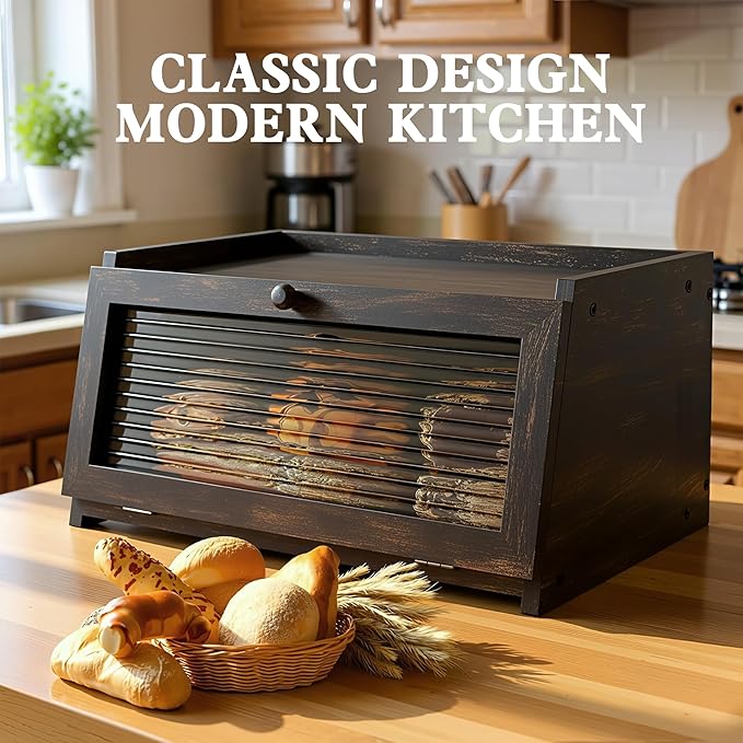 Bread Box for Kitchen Countertop Large Farmhouse Bread Container Bread Storage with Window Wooden Bread Holder