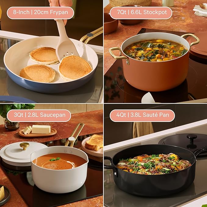 Our Place Essential Cookware Set – 11-Piece Ceramic Nonstick Set with 25cm Frypan, Saucepan, Saute Pan, Stock Pot, Storage Racks and Strainer with Thermakind™ | Oven Safe up to 230°C | Blue Salt