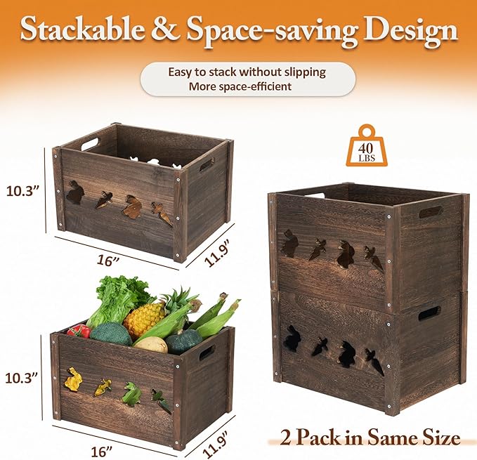 Wooden Crates 2 Pack, Hollow Rabbit Wooden Crates for Display & Storage, Farmhouse Handmade Wood Crate with Handles, Rustic Large Decorative Wood Crate Box for Display