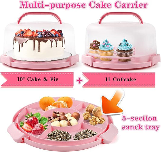 Portable Cake Carrier with Handle, Round Cupcake Holder with Lid, Plastic Storage Container Box fit 10 inch Cake, 3-Locking Muffin and Pies Keeper with Cover (Pink)
