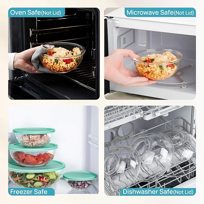 Vtopmart 5 Pack Glass Mixing Bowls with Plastic Lids Set (3.75/2.1/1.1/0.5/0.2 QT), Salad Bowl Set, Nesting Kitchen Bowls for Serving, Prepping, Cooking and Baking, Dishwasher & Microwavable Safe