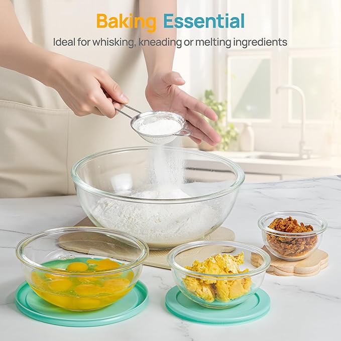 Vtopmart 5 Pack Glass Mixing Bowls with Plastic Lids Set (3.75/2.1/1.1/0.5/0.2 QT), Salad Bowl Set, Nesting Kitchen Bowls for Serving, Prepping, Cooking and Baking, Dishwasher & Microwavable Safe