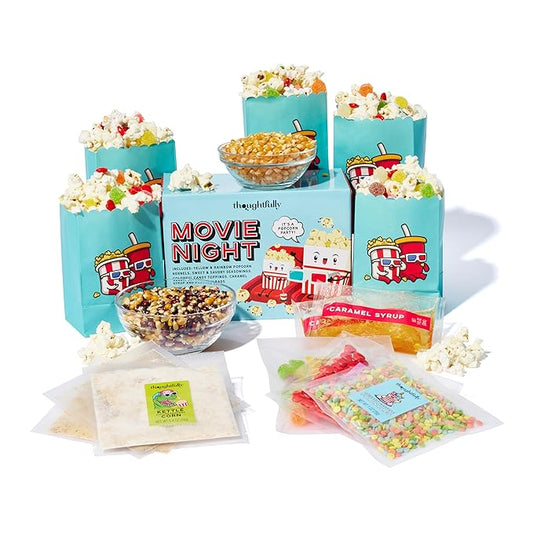 Thoughtfully, Family Movie Night Supplies Kit, Includes Popcorn Bags, Gourmet Popcorn Kernels, Seasonings and Candy Toppings, Gift Basket Idea