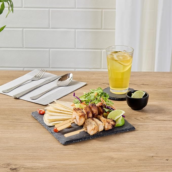 Restaurantware Slate Serving Trays 10 Pack of 8 x 8" Foam Feet Charcuterie Stone Plates Rustic Edges Freezable Black Square Serving Display Cheese Boards for Kitchen, Dining, Parties
