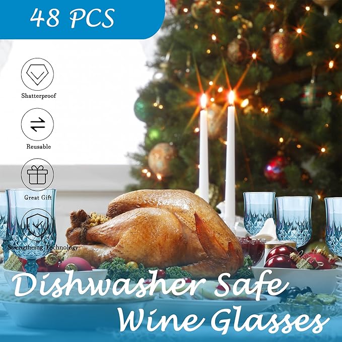 Plastic Wine Glasses,Plastic Goblets Vintage Style Cordial Drinking Glasses for Wedding Reception, Grand Event Party Supplies (48, Dusty Blue)