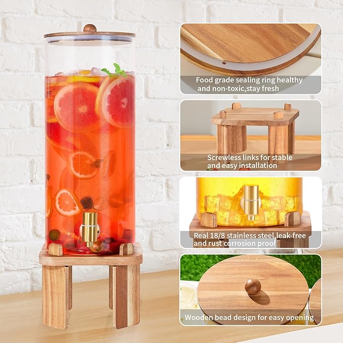 2 Gallon Large Drink Dispenser for Parties,Glass Beverage Dispenser with Stand,Water Drink Dispenser with Airtight Valve,Lemonade Dispenser for Fridge,Water, Juice,Punch,Cocktails,Ice Tea & Sun Tea-8L