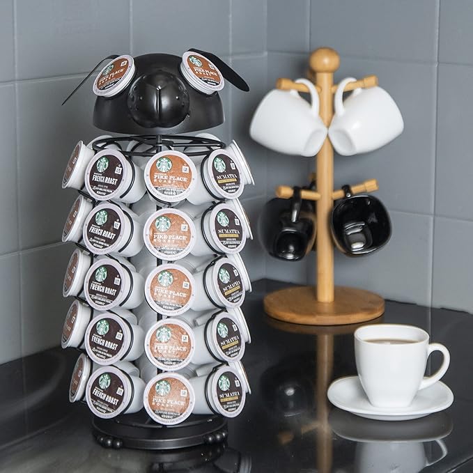 Made Easy Kit Carousel Coffee Pod Holder, Compatible with Keurig K-Pods K-Cups, Countertop Rack Storage Organizer, Metal Home and Kitchen Decor, Capsule Café Station Bar (Large, Black Dog)