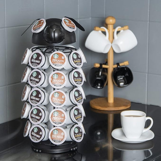 Made Easy Kit Carousel Coffee Pod Holder, Compatible with Keurig K-Pods K-Cups, Countertop Rack Storage Organizer, Metal Home and Kitchen Decor, Capsule Café Station Bar (Large, Black Dog)