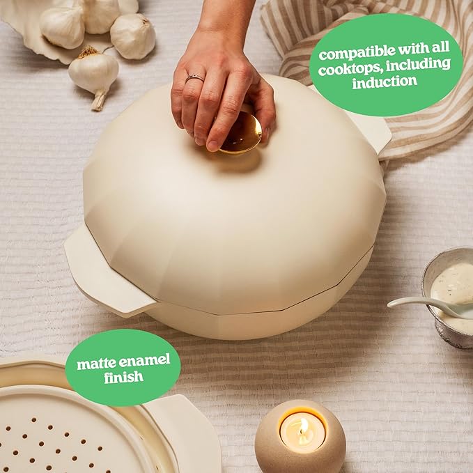 The Perfect Pan 5.3 Qt Dutch Oven Pot with Lid by Cravings by Chrissy Teigen | Lightweight Nonstick Everyday Pan with Steamer/Strainer Insert, Oven Safe