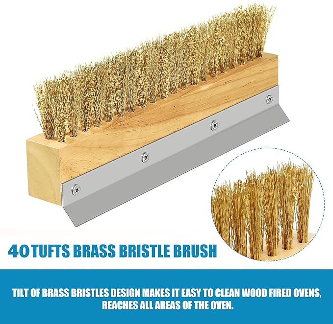 Pizza Oven Brush 41-Inch Long Wood Handle Brass Bristles with Steel Scraper, Outdoor Pizza Oven Accessories