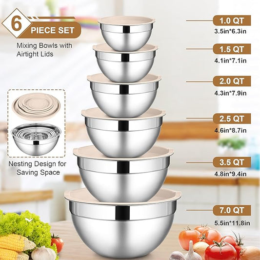 LIANYU Mixing Bowls with Airtight Lids Set, 6 Piece Stainless Steel Metal Kitchen Nesting Bowl, Size 7, 3.5, 2.5, 2, 1.5, 1QT for Prepping, Baking & Food Storage, Dishwasher & Freezer Safe, Khaki