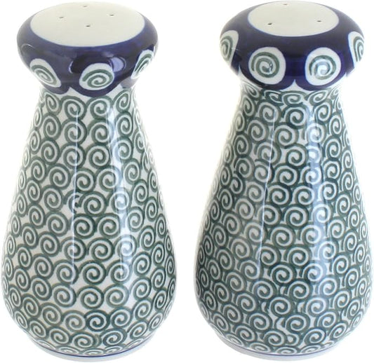 Blue Rose Polish Pottery - Green Peacock Swirl Large Salt & Pepper Shakers - 6" Tall - Hand-Painted Ceramic Seasoning Set for Table & Kitchen