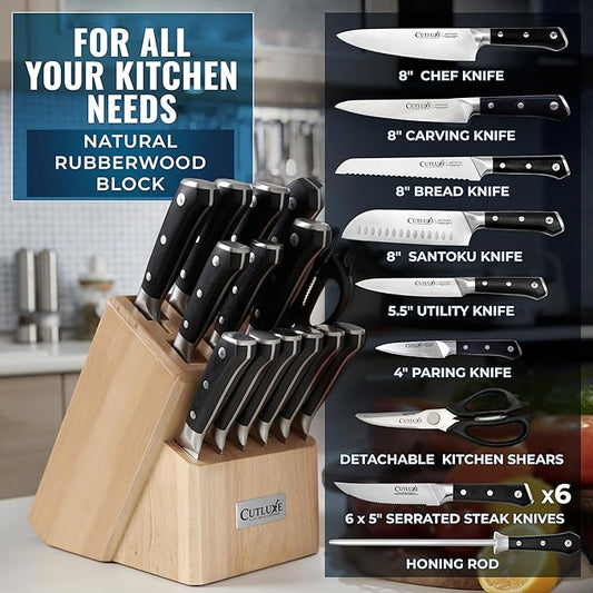 Cutluxe 15-Piece Knife Set – Premium Rubberwood Wood Block – Knife Set for Kitchen, Ultra Sharp High Carbon German Stainless Steel, Full Tang – Artisan Series