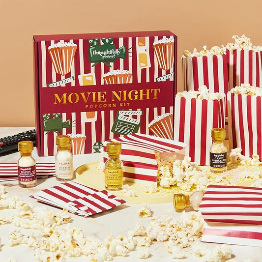 Thoughtfully Gourmet, Movie Night Popcorn Set, Includes Yellow and Mixed Popcorn Kernels, 10 Paper Bags, 5 Seasonings & Toppings