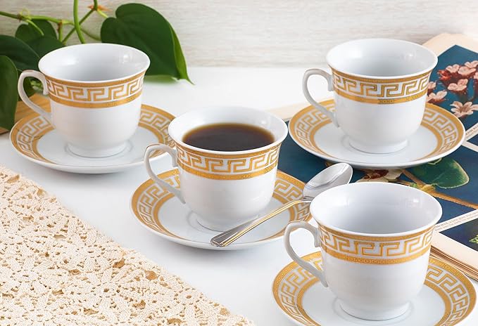 Porcelain Tea Set 8 Piece - White with Gold Greek Key Design - 5.5 Inch Saucers, 6.5 oz Cups - Perfect for Parties, Cappuccino, Black Tea, Vintage Home Decor (Meander Gold 3008, 8 Piece)