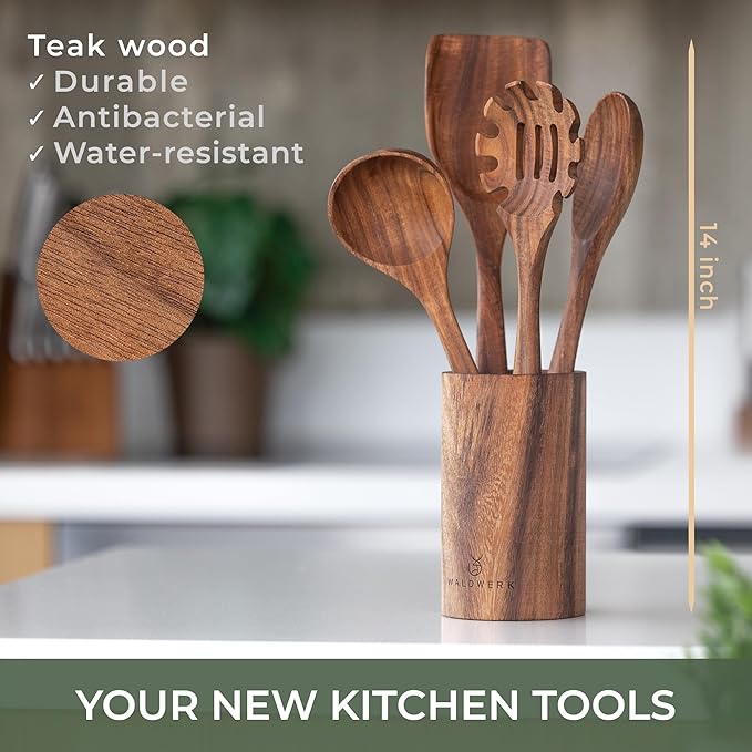 WALDWERK Wooden Spoons for Cooking β 4-Piece Kitchen Utensils Set with Teak Wood Spoons, Spatula, Pasta Server & Holder β Wooden Utensil Set β Cooking Utensils β Utensil Sets - Non Toxic