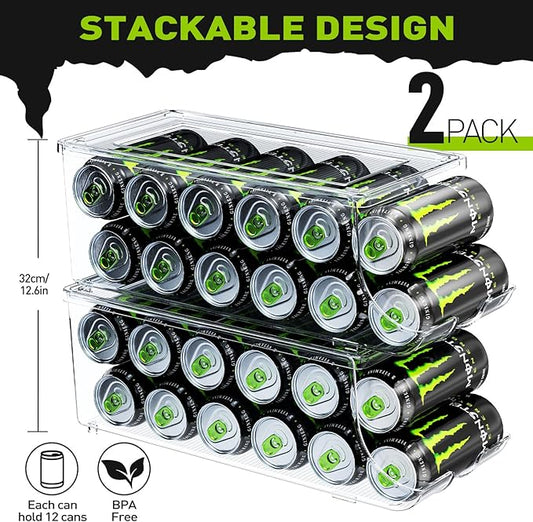 2 Pack Tall Skinny Can Organizer for Refrigerator, Stackable Large Soda Cans of 16oz & 17oz Beverage Energy Drink Container Holder Dispenser with Lid for Fridge, Clear Storage Plastic Bins