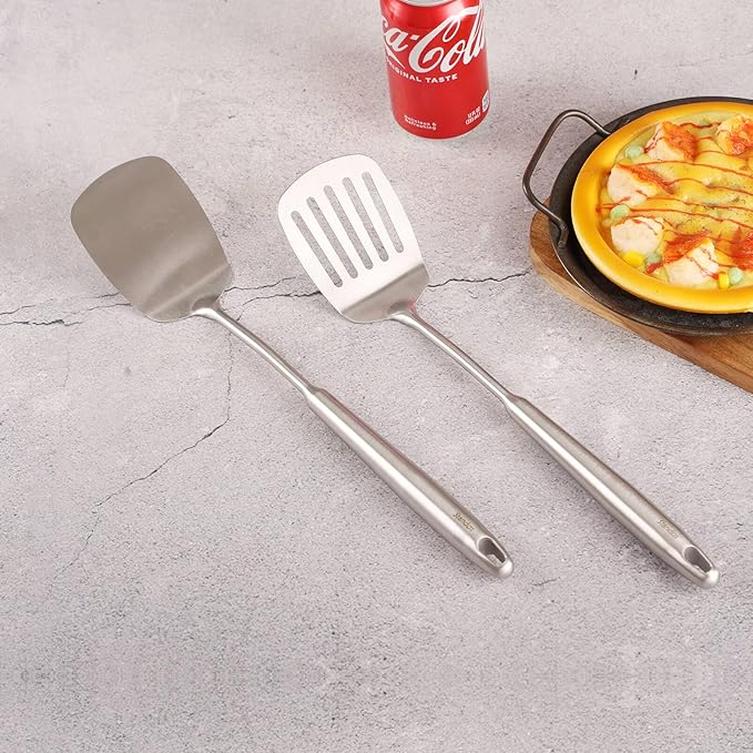 18/10 Stainless Steel Spatulas Set - All Metal Spatulas for Kitchen Use or Outdoor Grilling, 14.7″ Long, Non Toxic, Heavy Duty, Commercial, Chef Grade - 1 Slotted Spatula + 1 Solid Turner for Cooking