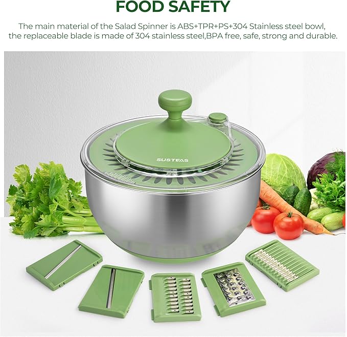 SUSTEAS Stainless Steel Salad Spinner Large, Vegetables Wash Bowl, Fruits & Herb Lettuce Dryer with 5 Blade Slicer Egg Yolk Strainer Shredder for Efficient Salad Preparation and Food Washing, 4.25Qt