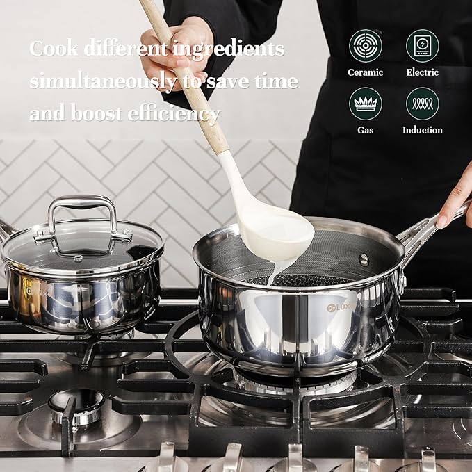 DELUXE Hybrid Nonstick 6 PCS Pot Set, 1.3, 3&5.4-Quart Pot with Tempered Glass Lid, Stainless Steel Cookware Pots with Stay-Cool Handle, Dishwasher Safe, Compatible with All Cooktops