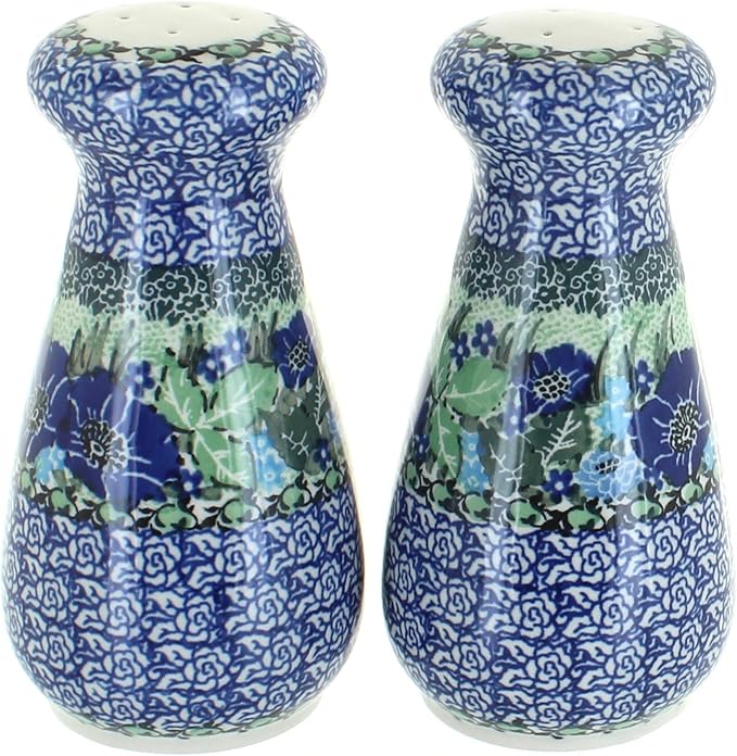 Blue Rose Polish Pottery - Blue Sapphire Fields Large Salt & Pepper Shakers - 6" Tall - Hand-Painted Ceramic Seasoning Set for Table & Kitchen