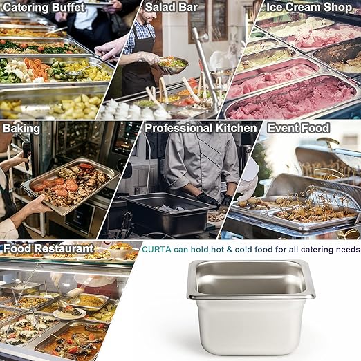 CURTA 6 Pack Anti-Jam Hotel Pans, 1/6 Size 4 Inch Deep, NSF Commercial 18/8 Stainless Steel Chafing Steam Table Pan, Catering Storage Metal Food Pan