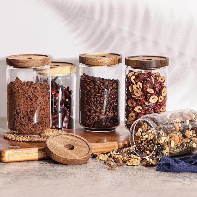 Set of 6 Glass Pantry Storage Jars with Wood Airtight Lid - 23oz Thicken Glass Kitchen Canisters with Reuse Labels&Pen - Glass Food Storage Containers with Wood Lid for Tea,Sugar,Cookie,Coffee