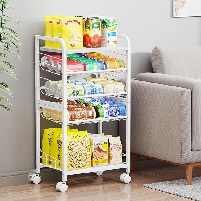 SWTYMIKI Can Organizer for Pantry - Stackable Rolling Snack Cart, Soda Can Organizer, Multi-Functional Shelf with Adjustable Wheels for Kitchen, Office, Living Room, White