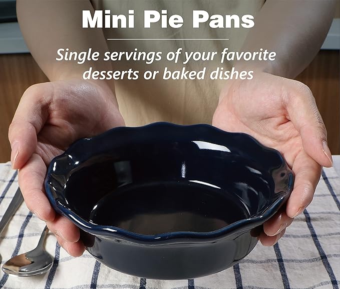 ONEMORE Pie Pans, 6.8 inch Small Chicken Pot Pie Plates 16 oz Deep Dish Pie Pan Ceramic Baking Plates for Dessert Oven Safe Round Baking Dish Pans Set of 4 - Blue