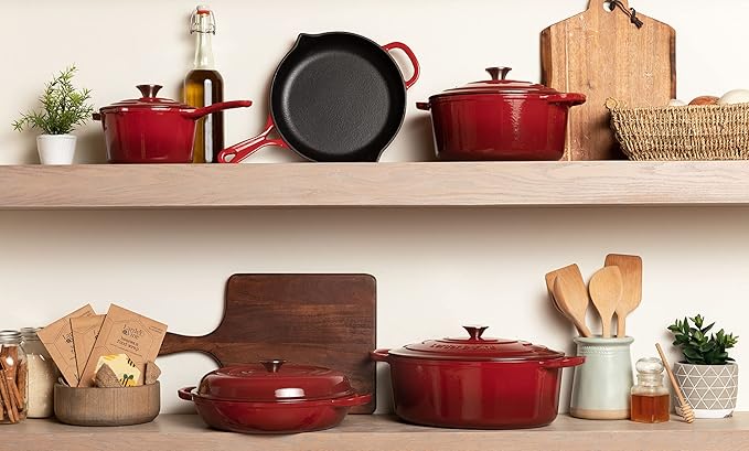 Larder & Vine 9 Piece Enameled Cast Iron Cookware Set, Oven Safe and Compatible with all Cooktops – includes 3.6 Qt Braiser, 5.7 QT and 8 QT Dutch Ovens, 10.25in Skillet and 2.2 QT Saucepan (Cabernet)