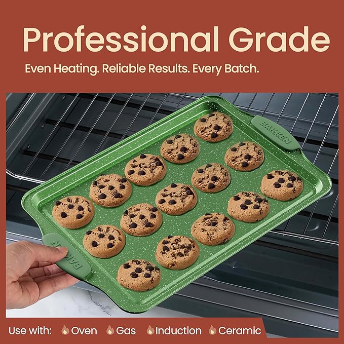 BAKKEN Kitchen Baking Pan Set - Nonstick Green Marble Coating, Carbon Steel Bakeware Sets with Green Silicone Handles, Kitchen Essentials, PFOA, PFOS, PTFE Free, Oven Safe (Up To 450° F), Set of 6