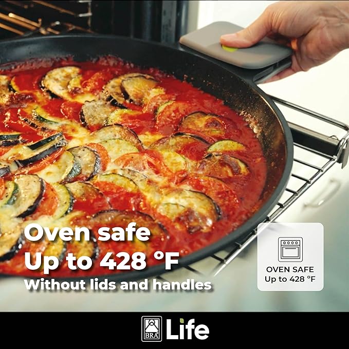 BRA COOKWARE Life Low Casserole w/Glass Lid | 11 inches - 2.9 quarts Recycled Cast Aluminum Casserole | Ceramic Non-Stick | All Heat Sources Compatible | PFOA Free Shallow Pot | Removable Handles