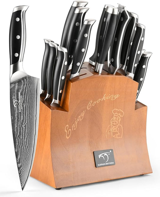 16-Piece Damascus Knife Set with Block - VG10 67-Layer Steel, Razor Sharp, Triple-Rivet Handles, 6 Steak Knives, Meat Fork, Sharpener & Scissors, Natural Wood