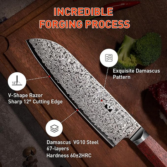 Santoku Knife 7-inch VG-10 Cutting Core 67-Layer Damascus Professional Kitchen Knife Chef’s Knife with Natural Wood Hexagon Handle and Exquisite Box