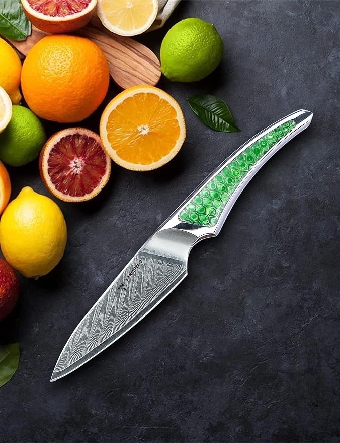 3.5 inch Paring Knife, Japanese VG-10 Damascus Steel Kitchen Knife, Ultra Sharp Fruit Knife with Full-tang Handle in Green Resin, LA-S9 Series