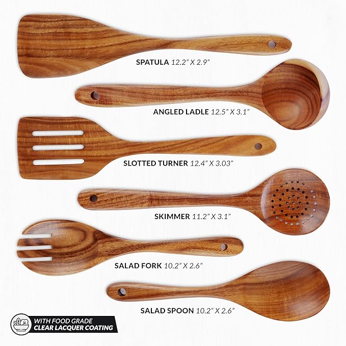 Zulay Kitchen Extra-Large 6-Piece Wooden Spoon Set - Smooth Teak Cooking Utensils - Comfort-Grip Non-Stick Turner, Spatula, Skimmer, Fork, Serving Spoon