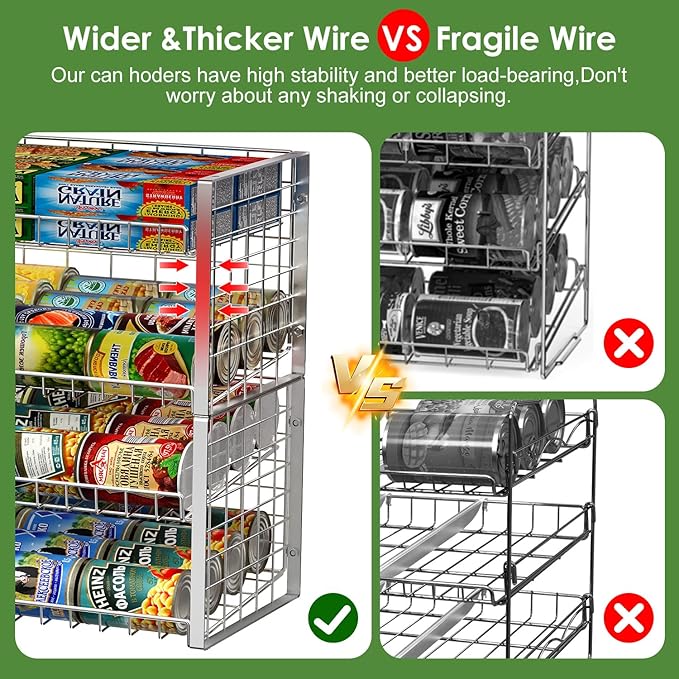 JKsmart 2-Tier Stackable Can Rack Organizer for Pantry, Adjustable Can Dispenser Holds Up to 62 Cans, Can Storage Holder for Various Ounces of Canned Food Soda Drinks, Silver, 2 Pack (Petent Pending)