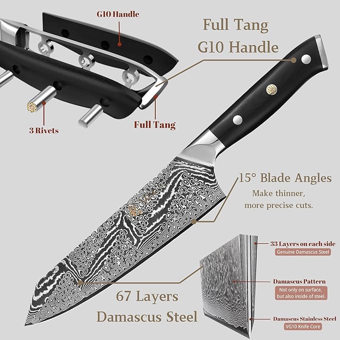 Wakoli NIT 3-Piece Kiritsuke Knife Set – Professional Damascus Kitchen Knives | 67-Layer VG10 Core Steel | Ergonomic G10 Handles | Japanese-Style Chef Knife Set in Wooden Gift Box