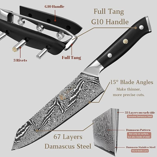 Wakoli NIT 3-Piece Kiritsuke Knife Set – Professional Damascus Kitchen Knives | 67-Layer VG10 Core Steel | Ergonomic G10 Handles | Japanese-Style Chef Knife Set in Wooden Gift Box