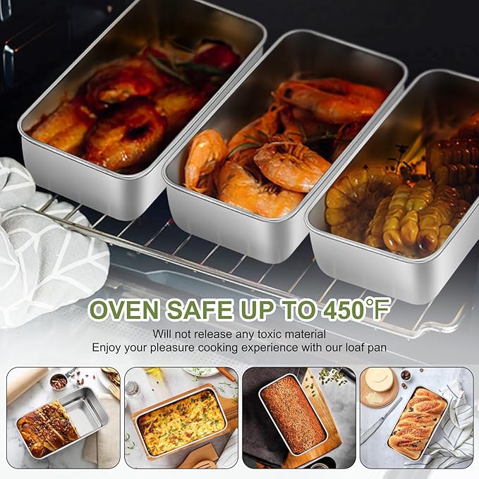 P&P CHEF Loaf Pan Set, 9 x 5 Inch Bread Pans, Stainless Steel Loaf Toast Baking Pans For Bread Meatloaf Lasagna Cake, Healthy & Non Toxic, Oven & Dishwasher Safe,(Silver, 3Pcs)