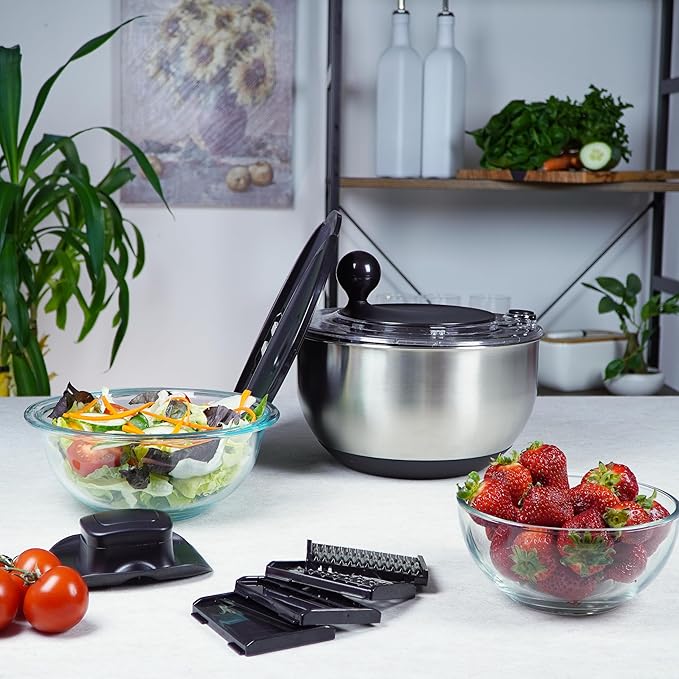 Stainless Steel Salad Spinner Large 5.28Qt - Lettuce Spinner With Strainer - Salad Spinners Best Rated For Home Kitchen Washing - - Includes Vegetable Slicer.