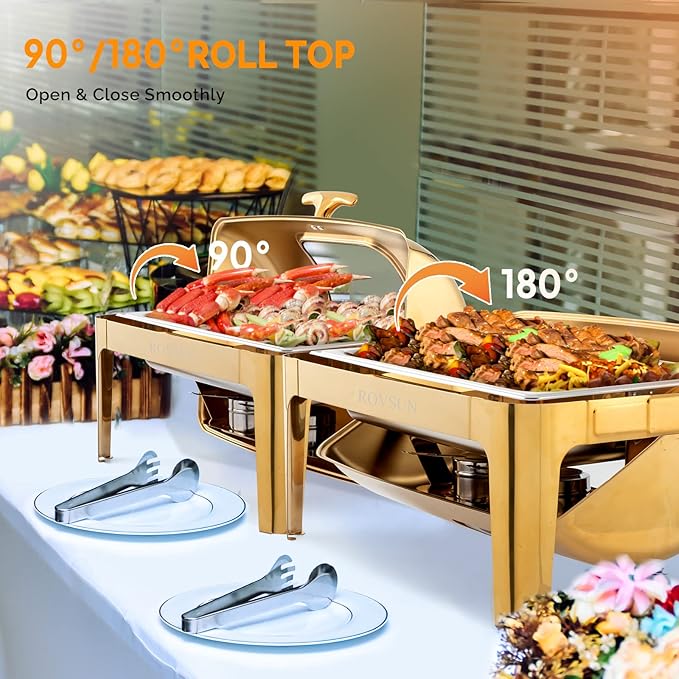 ROVSUN 9QT 2 Packs Roll Top Chafing Dish Buffet Set,Rectangular NSF Stainless Steel Buffet Warmer Chafers and Buffet Warmers Sets with Thick Frame for Catering Events Parties Weddings Dinners,Gold