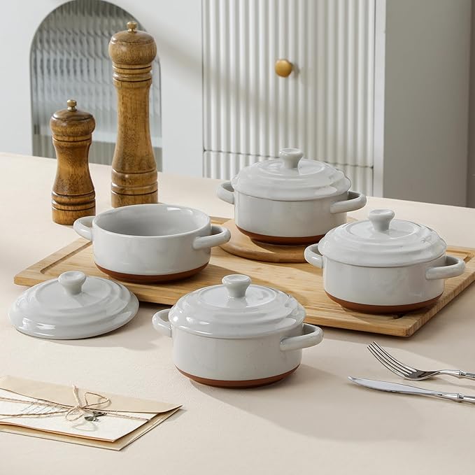 MALACASA Mini Cocotte Set - 12 OZ Ramekins with Lids and Handles, Small Casserole Dishes for Oven, Ceramic Small Baking Dish Set of 4, Microwave & Dishwasher Safe, Khaki Grey, Series TARA