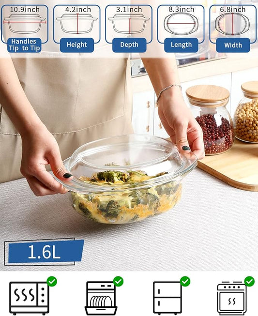 Mini Oval Glass Casserole Dish with Lid - Single Serving, Microwave & Oven Safe, Easy Grab Bakeware